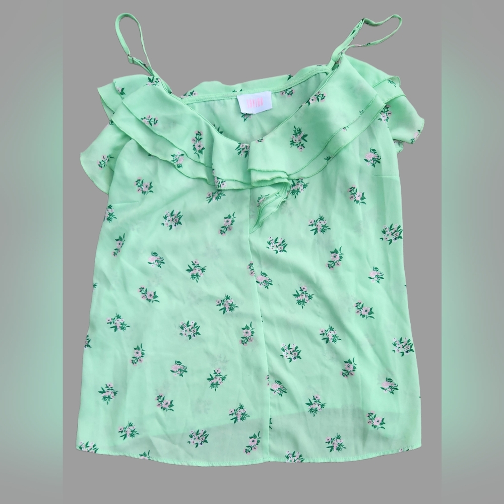 Savior Medium Floral Green And‎ Pink Ruffle Top